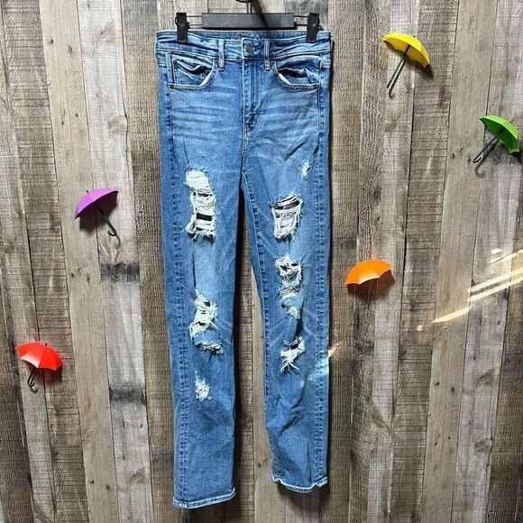 American Eagle Slim Straight High Rise Ripped Jeans - Picture 1 of 5